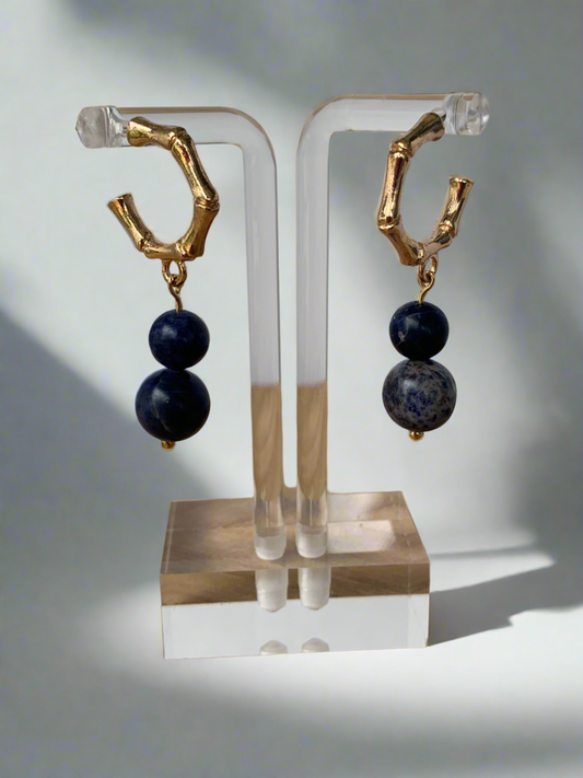 Blue Sodalite stone and cane hoop earrings