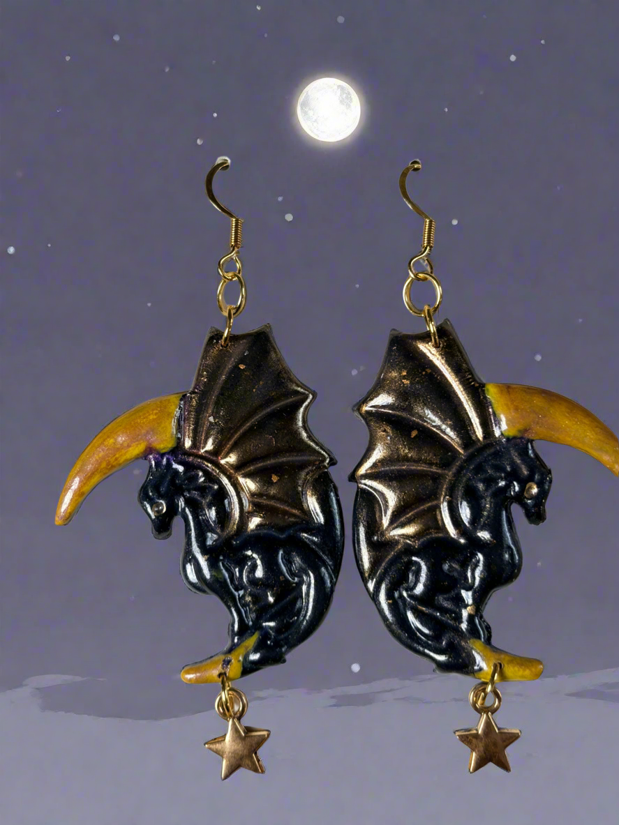 Flying dragon on moon earrings