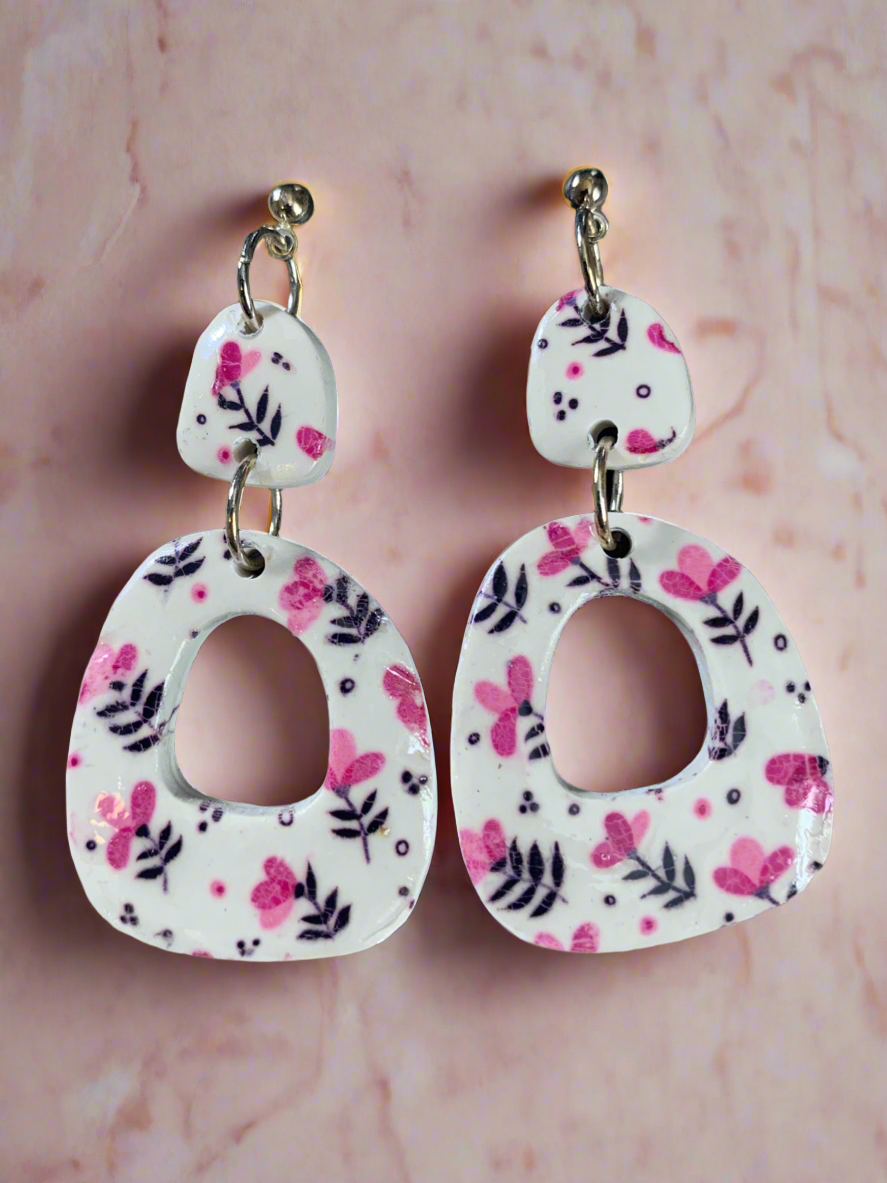 Boho pink flowers polymer clay earrings