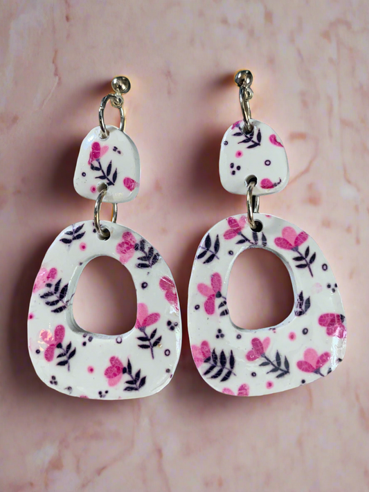 Boho pink flowers polymer clay earrings