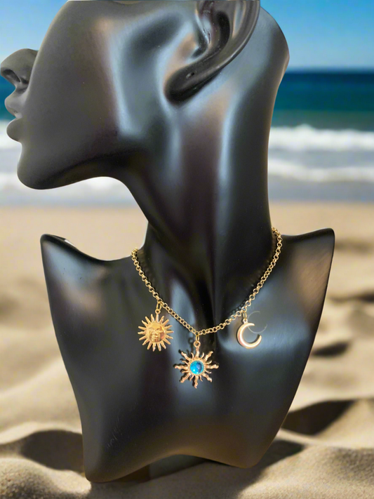 Sunburst pendent & celestial moon necklace