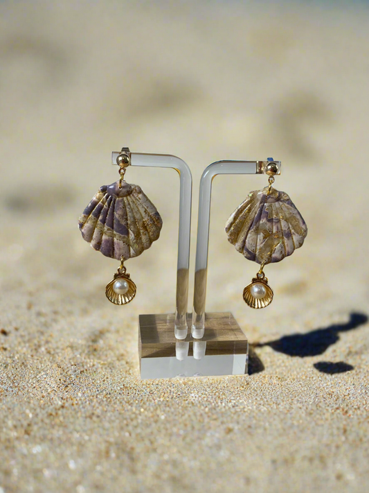 Polymer clay seashell with seashell pearl dangle
