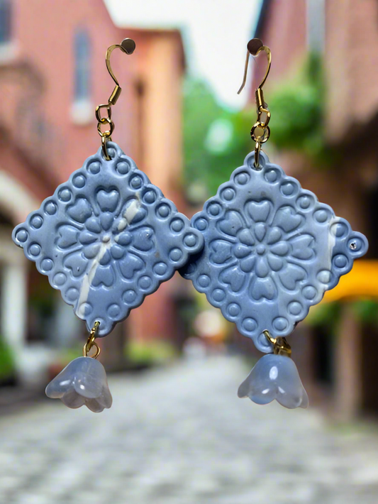 Spanish flair blue flower print with glass flower bead earrings