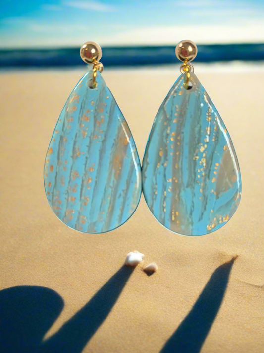 Translucent blue and gold flake teardrop earrings