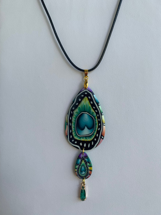 Heart of the Peacock teardrop polymer clay necklace
