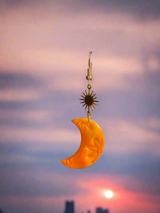 Crescent moon with gold sunburst earrings