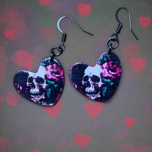 Skull red rose heart earrings