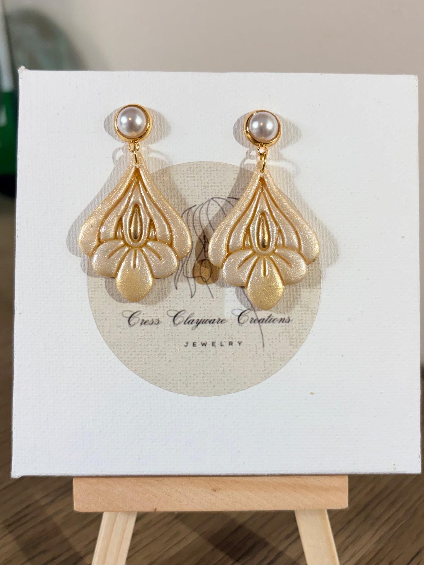 Iris gold pearl polymer clay earrings