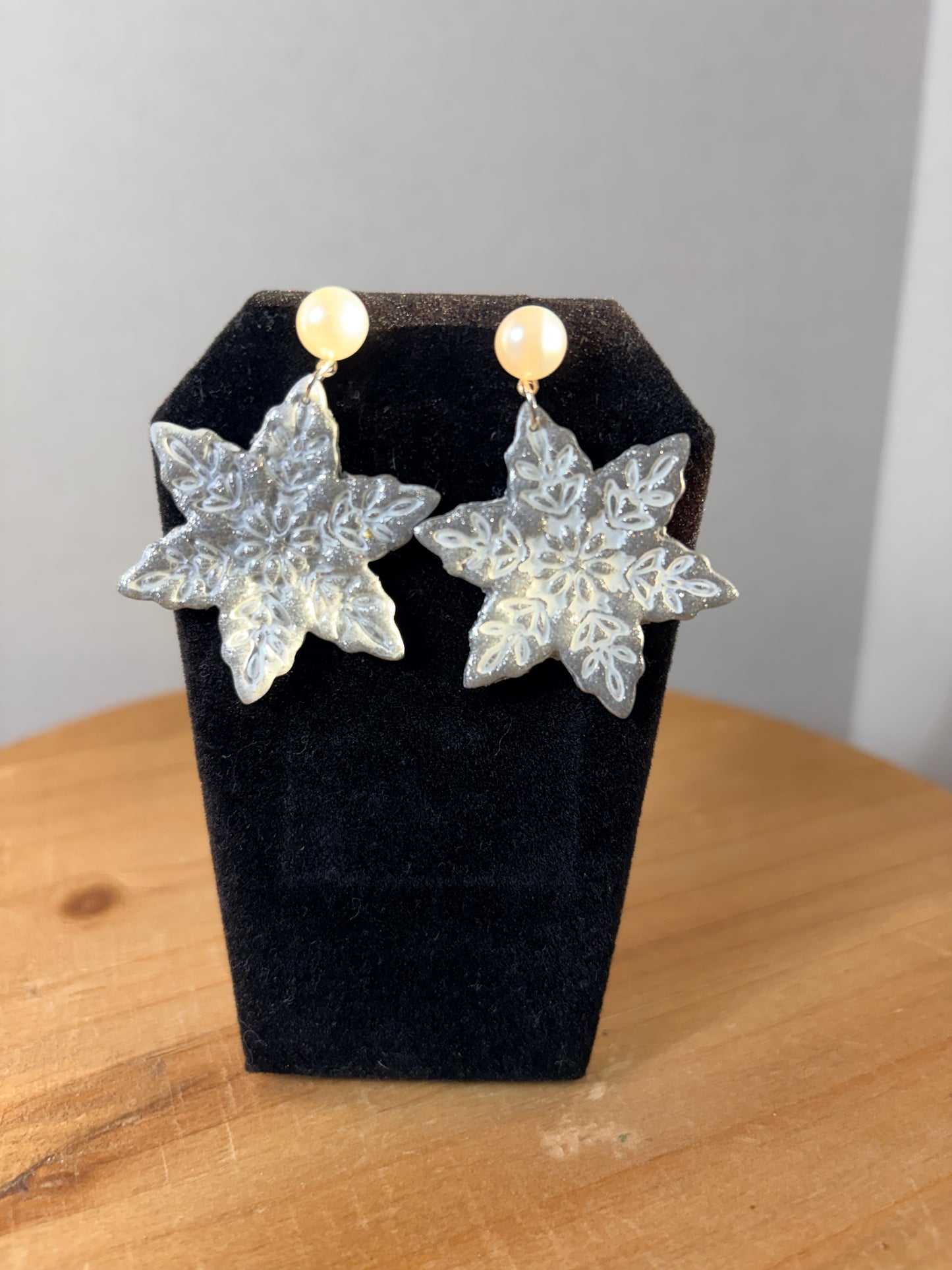 Pearl polymer clay snowflake earrings