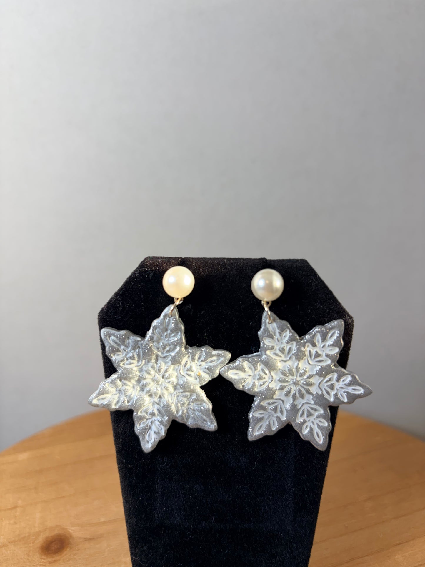 Pearl polymer clay snowflake earrings