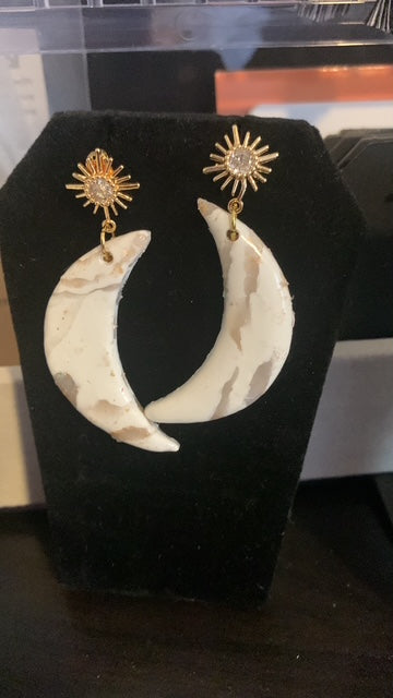 Crescent moon & Sun Polymer clay & cubic zirconia earrings