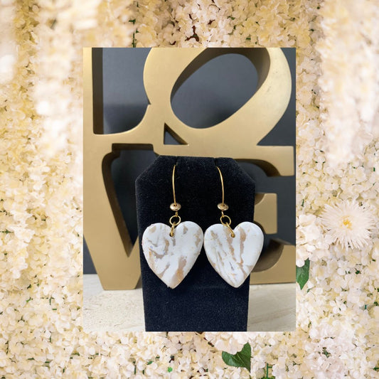 White and gold small heart earrings
