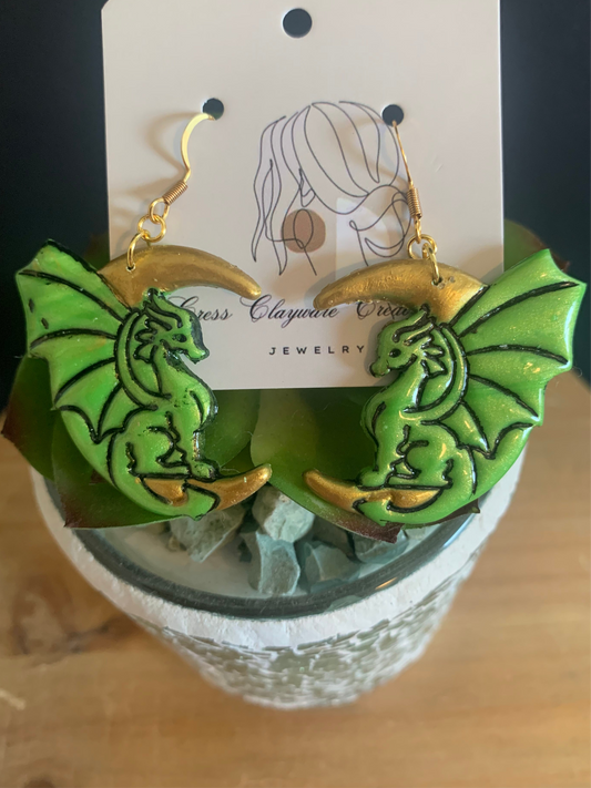 Flying dragon on moon earrings