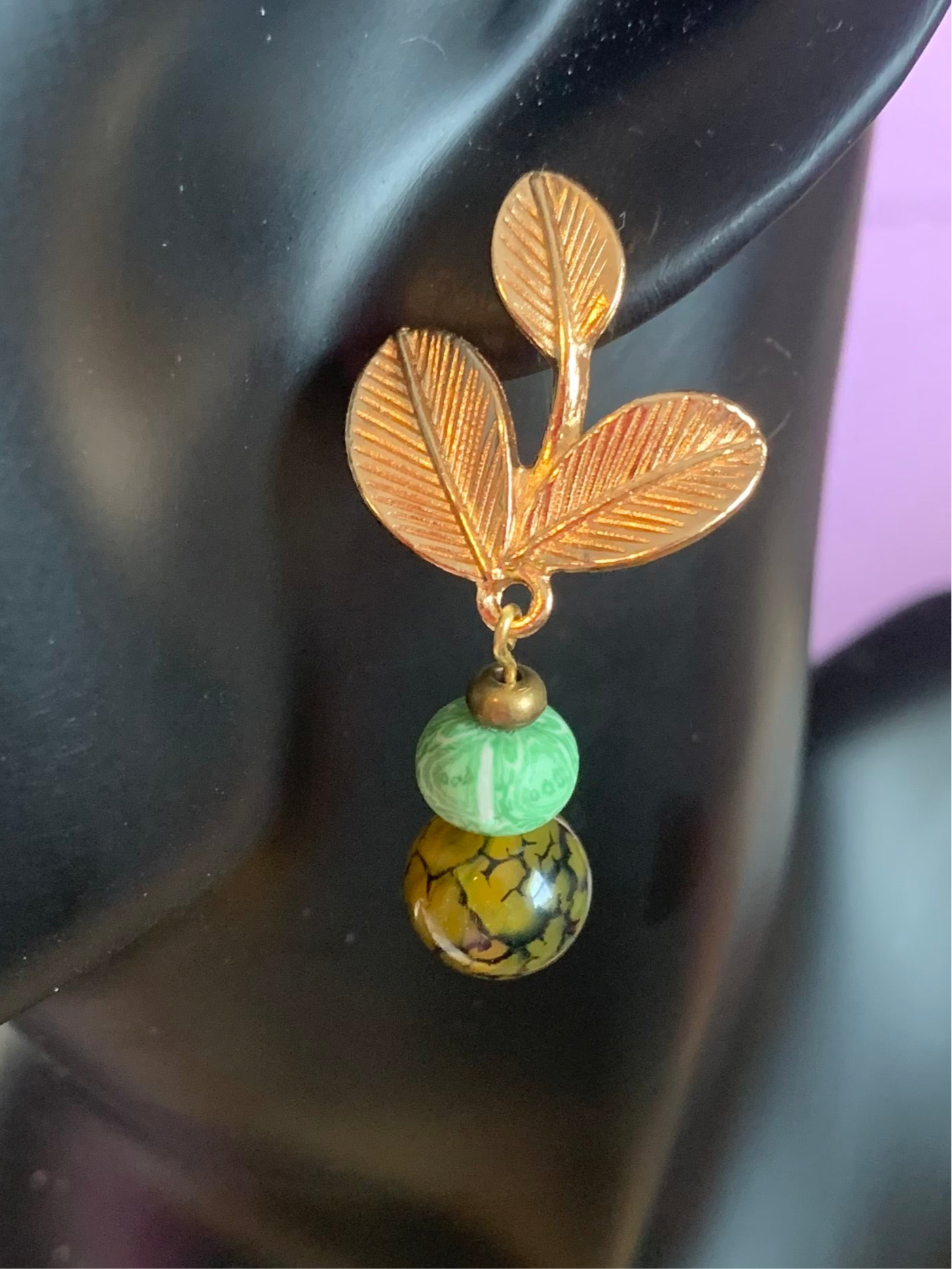 Dyed Dragon Agate with gold leaf earrings