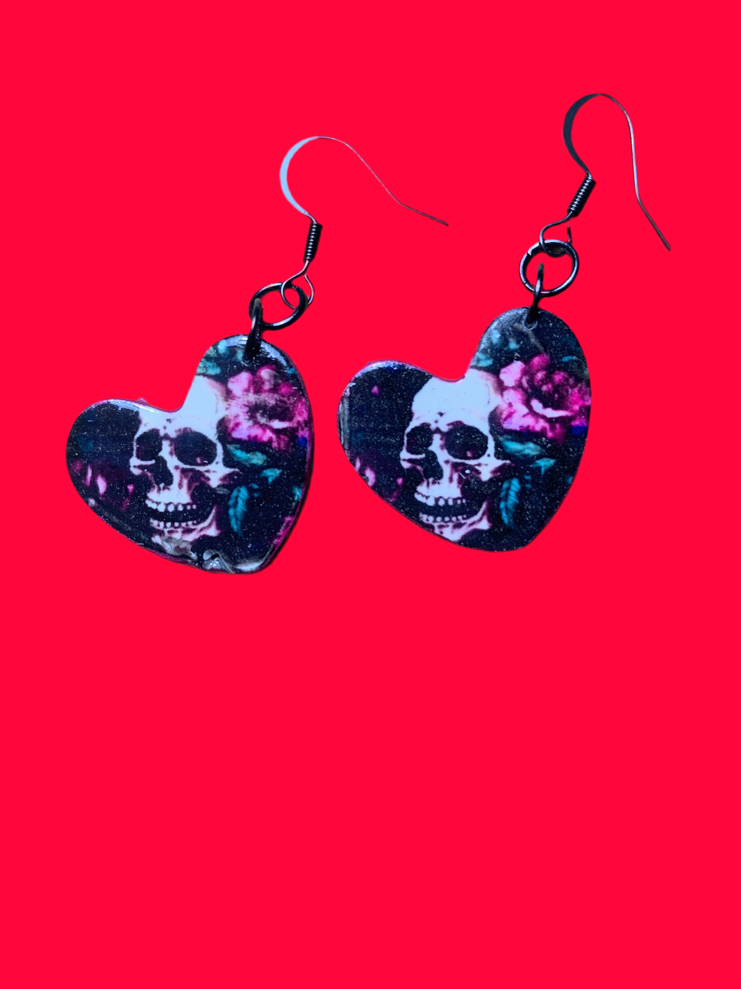 Skull red rose heart earrings