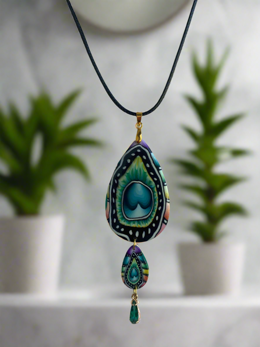 Heart of the Peacock teardrop polymer clay necklace