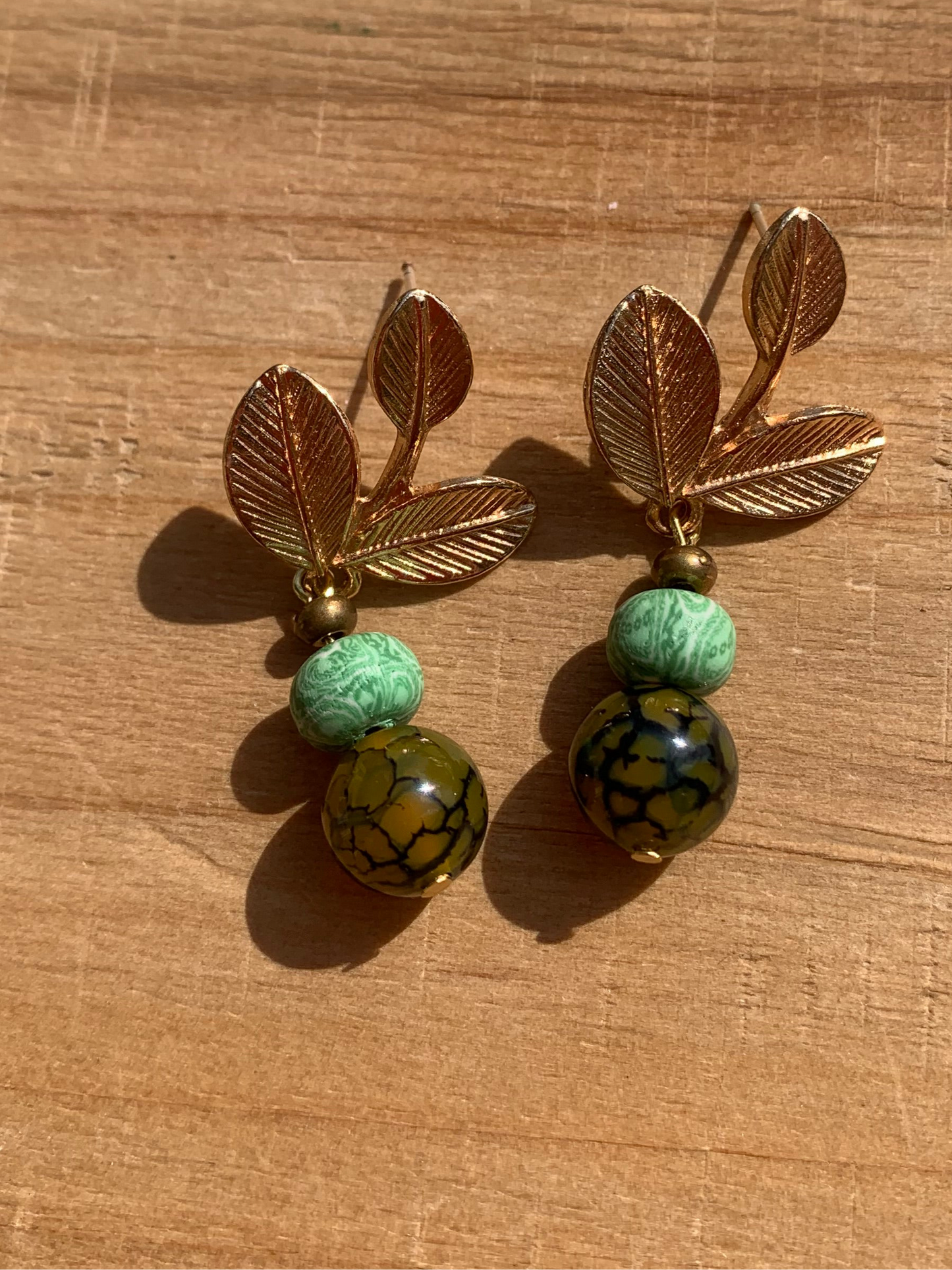 Dyed Dragon Agate with gold leaf earrings