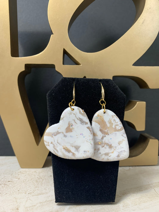 White and gold large heart earrings