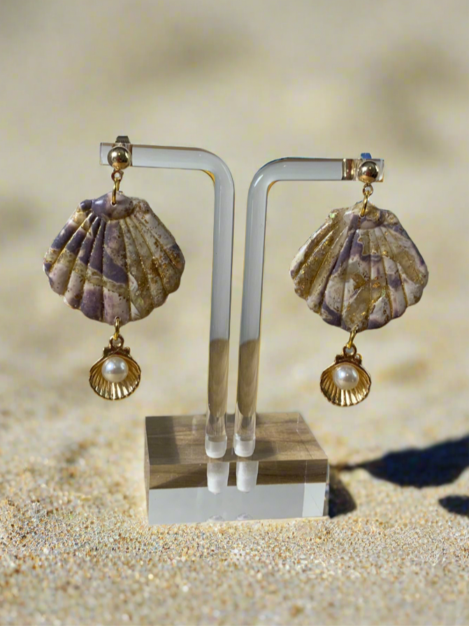 Polymer clay seashell with seashell pearl dangle