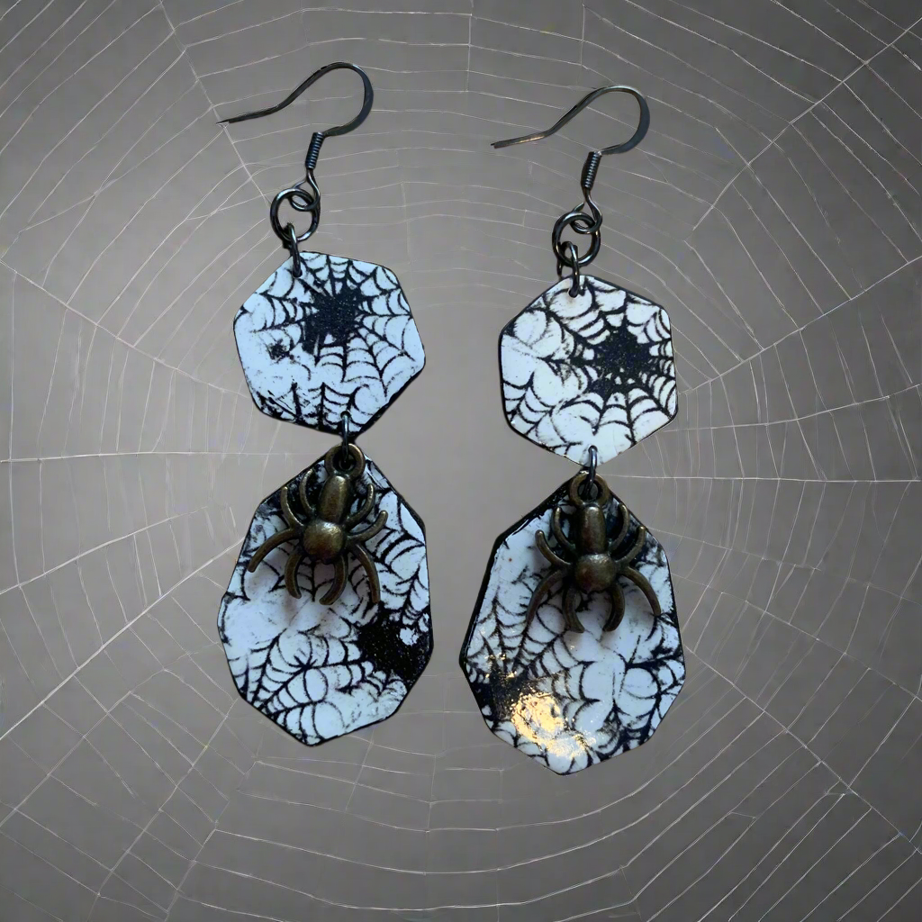 Spider and webs two tier dangle earrings