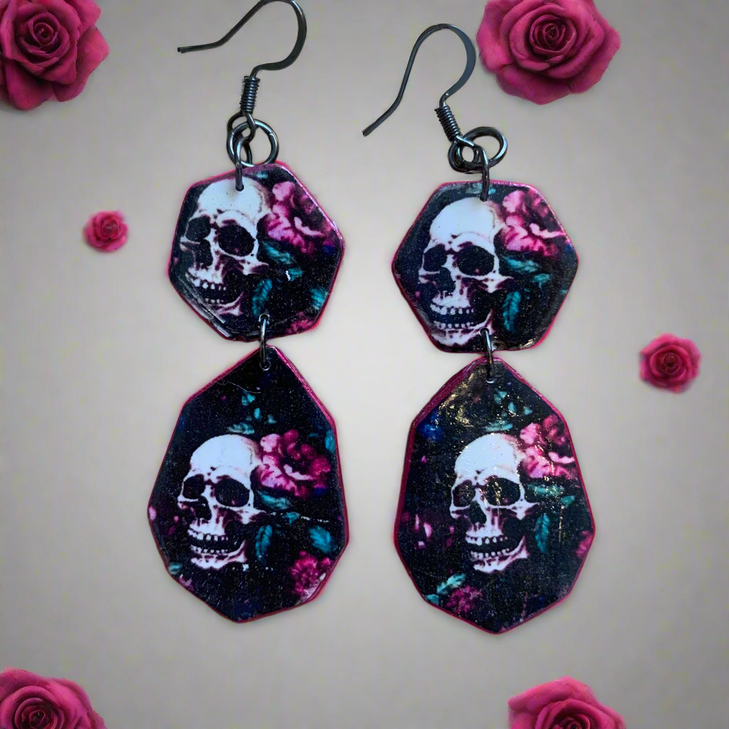 Skull rose two tiered earrings