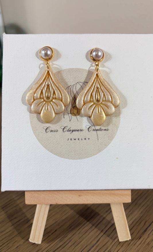 Iris gold pearl polymer clay earrings