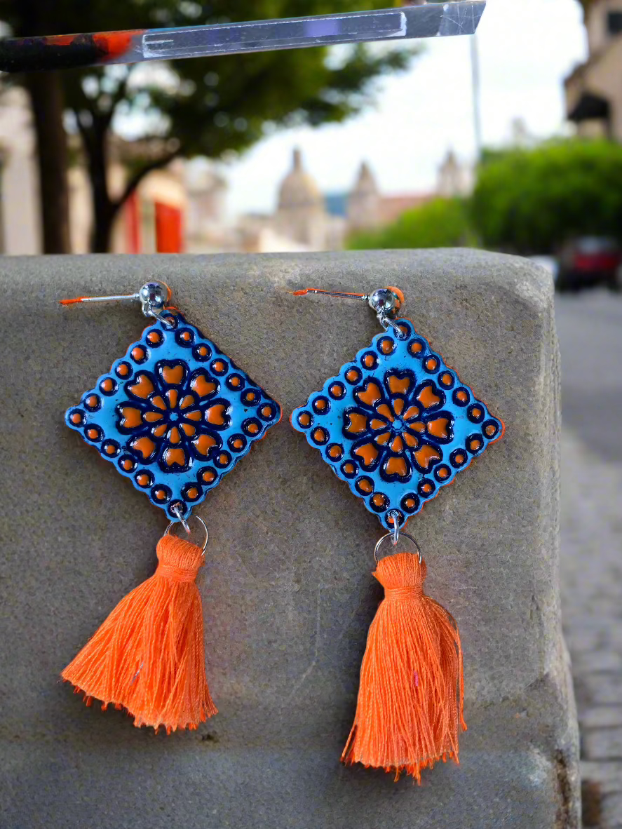 Papel Picado Design with tassel earrings.