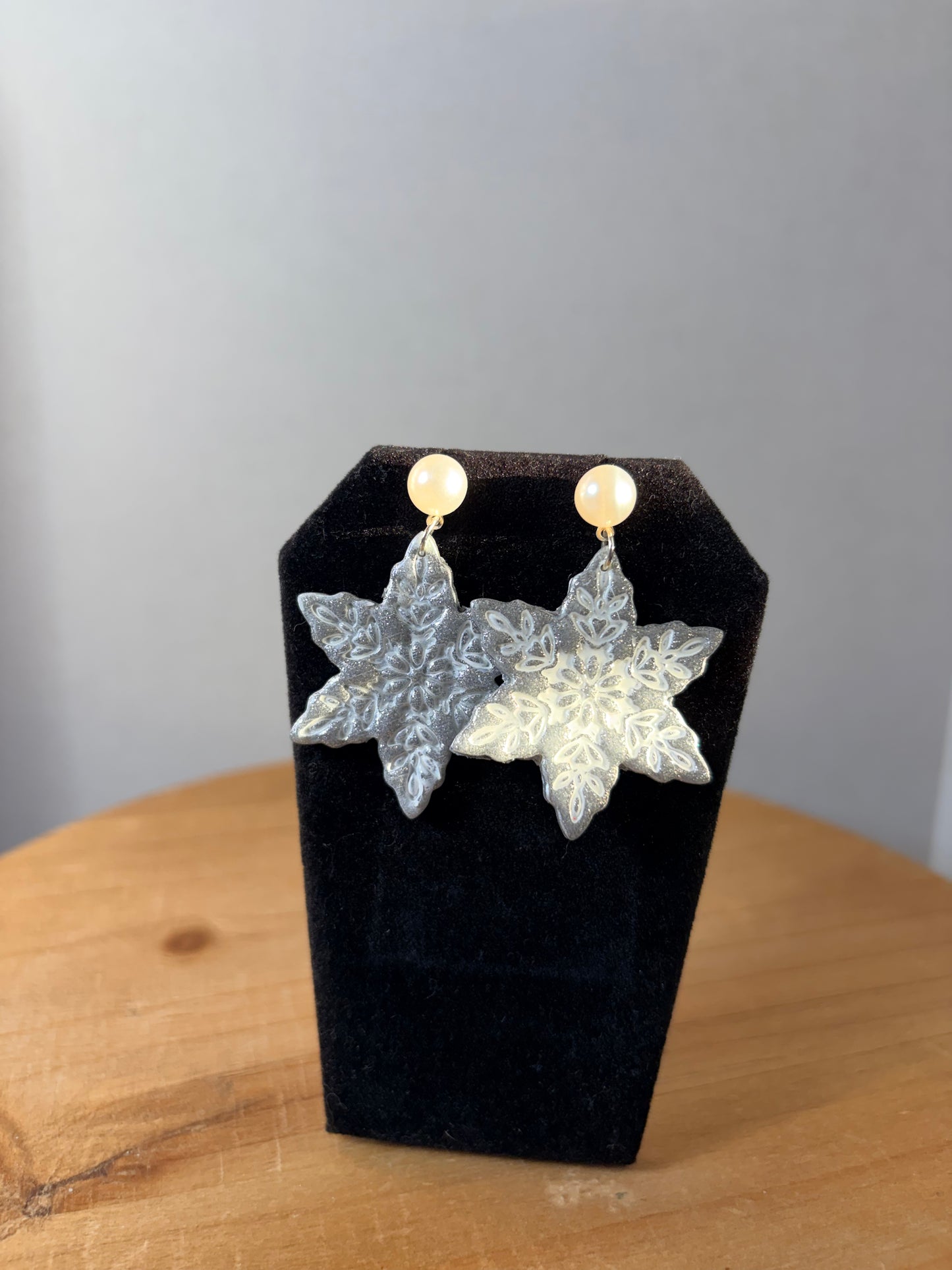 Pearl polymer clay snowflake earrings