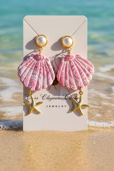 Pink seashell with starfish charms earrings